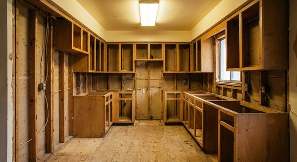 Kitchen gutted to the studs (service example)